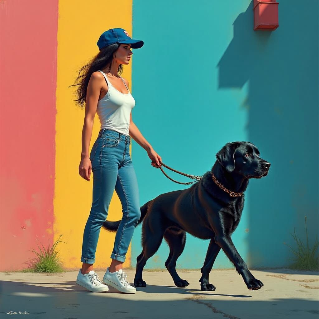 Woman and Black Lab in Hyperrealistic Scene