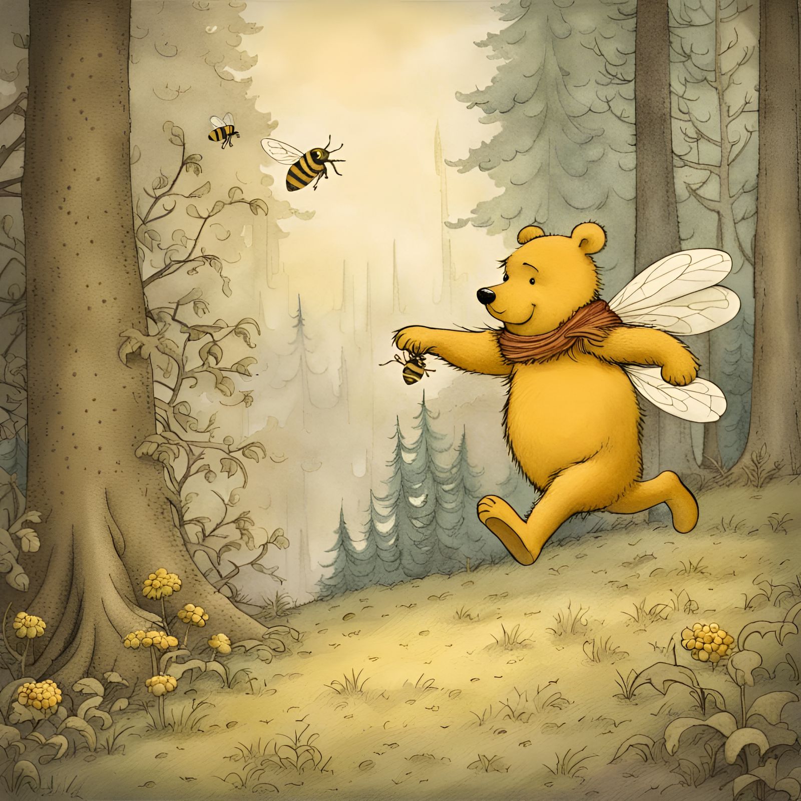 Winnie the Pooh chasing honeybees ππ―