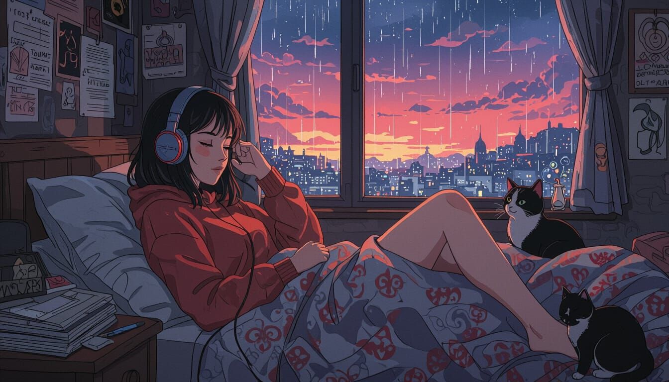 Lofi Girl on Bed Beside Window in Fantasy Art Style