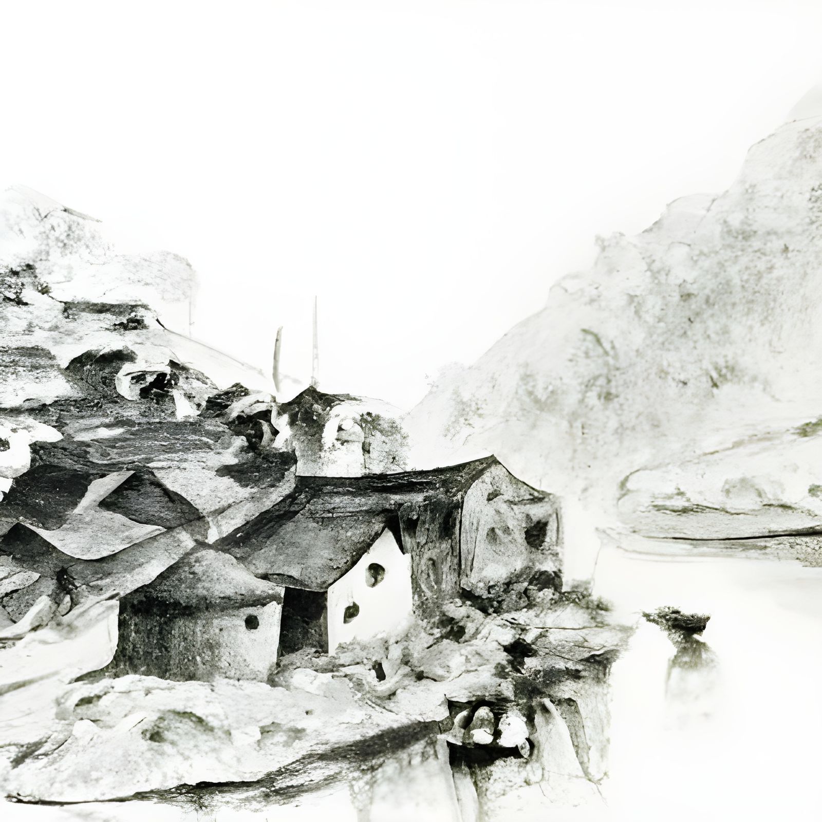 Detailed Chinese Charcoal Sketch of Riverside Village