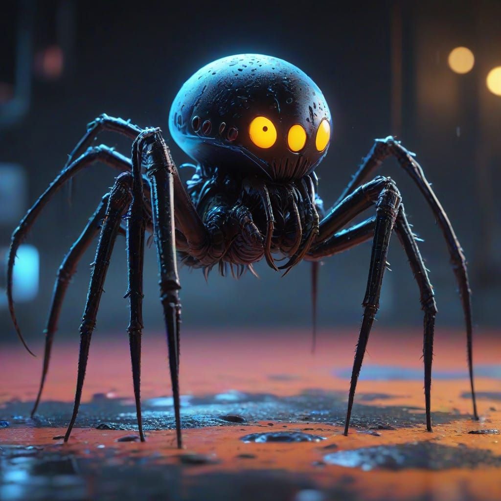 Glossy Alien Spider with Neon Spiky Joints in Hyperrealistic...