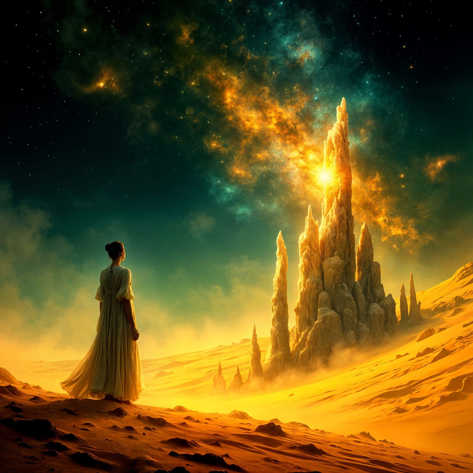 Ethereal Figure Dissolving in Cosmic Desert