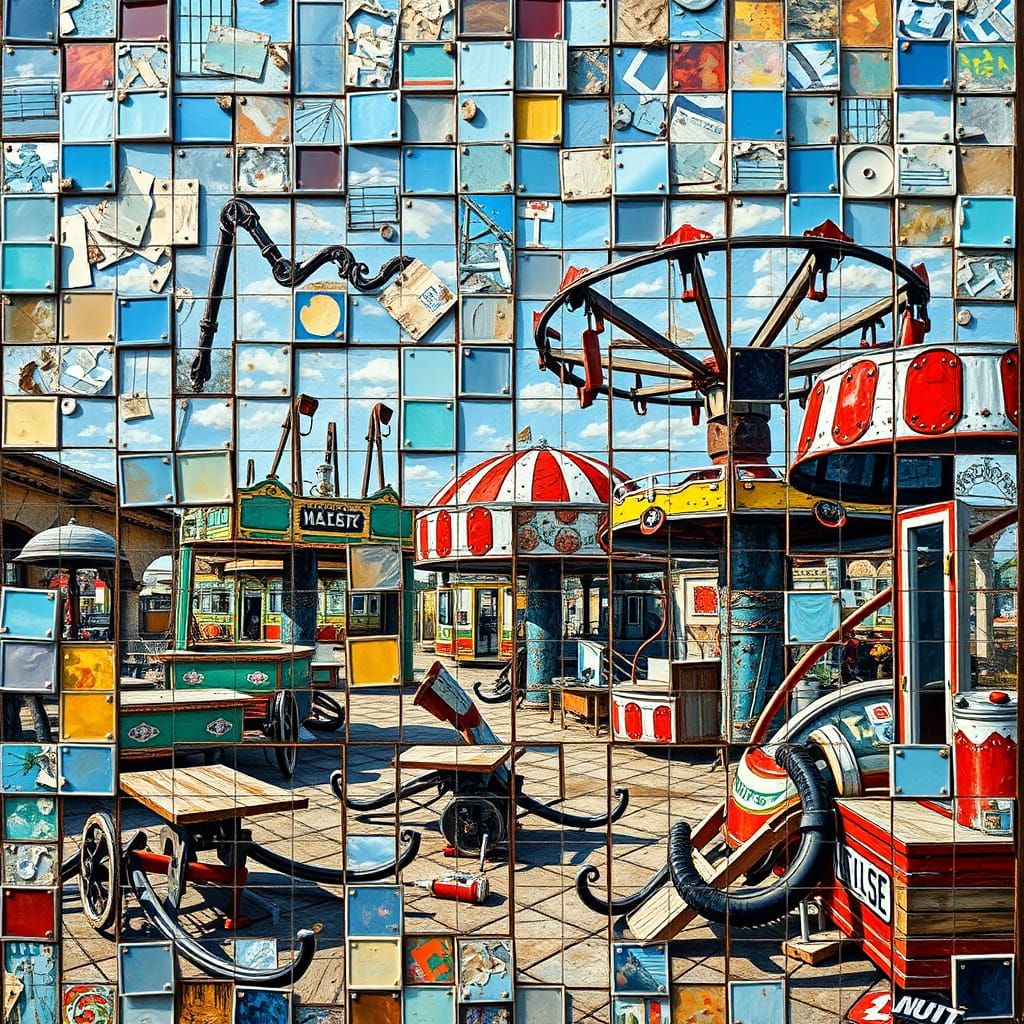 Vibrant Cubist Mosaic of Abandoned Amusement Park