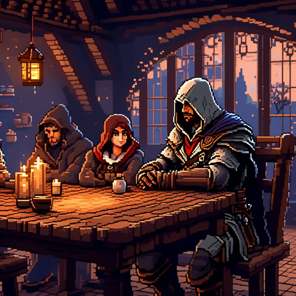 Pixelated Assassin's Creed Tavern Scene in 2D