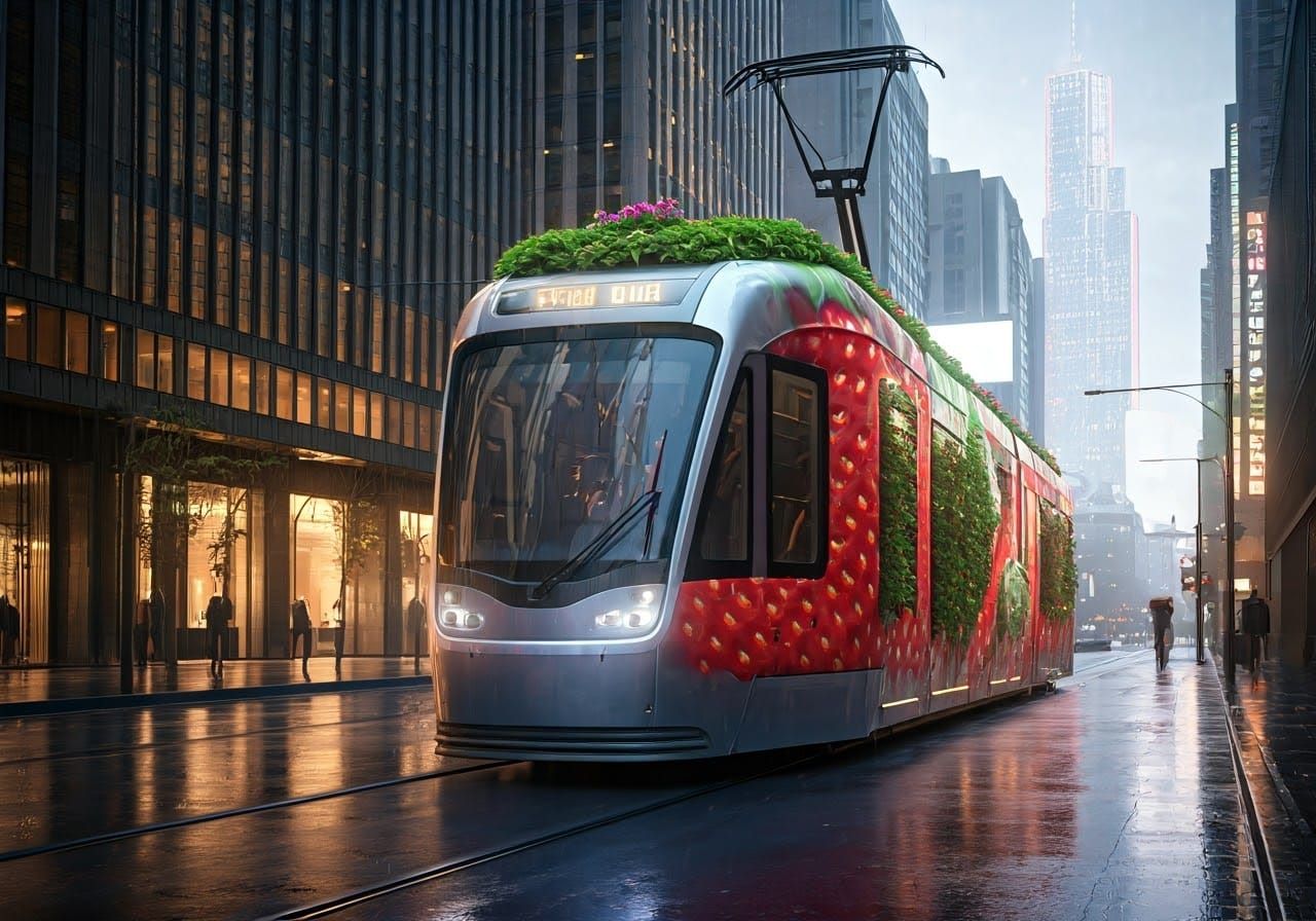 Futuristic Strawberry Tram Cruises Rainy City Streets