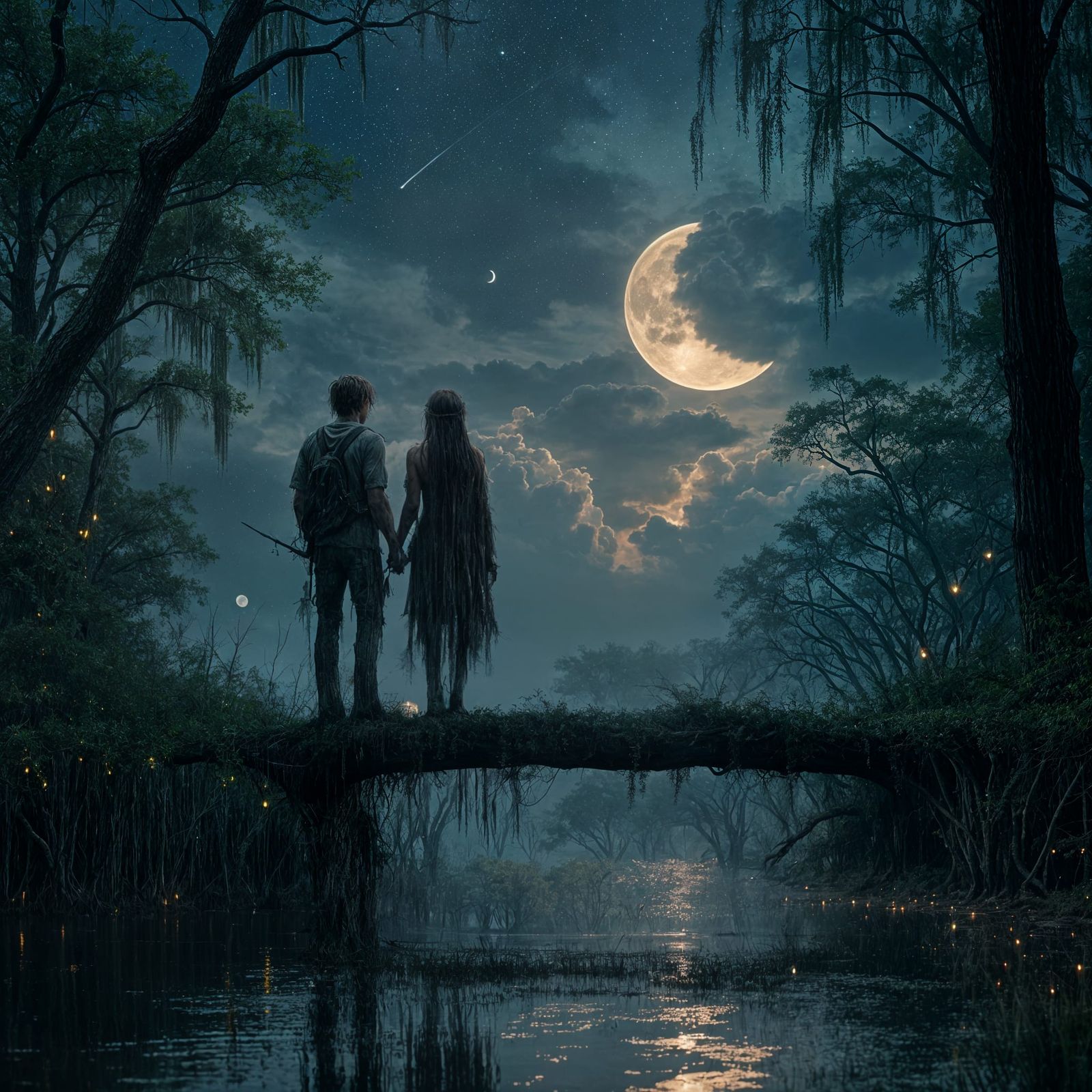 Eerie Swamp Landscape with Fireflies at Twilight