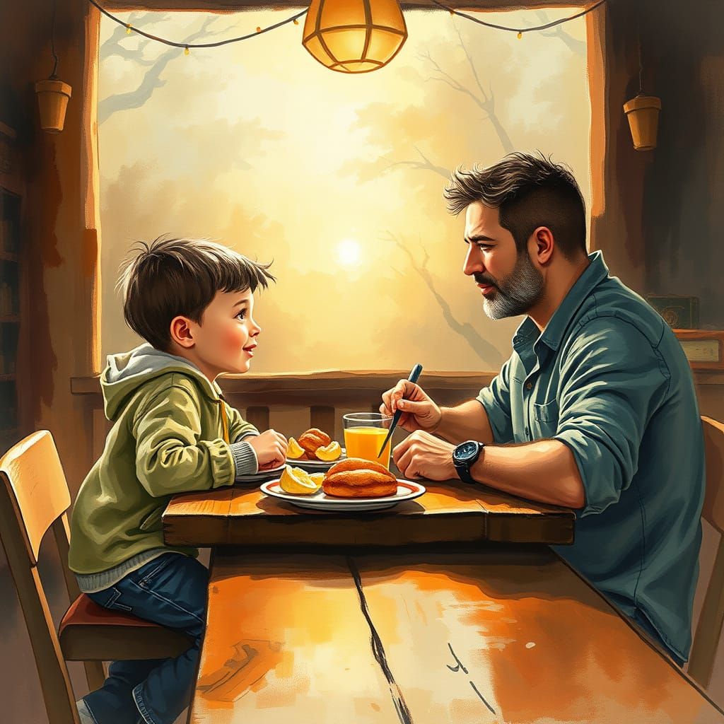 Father and Son Share Breakfast in Impressionistic Style
