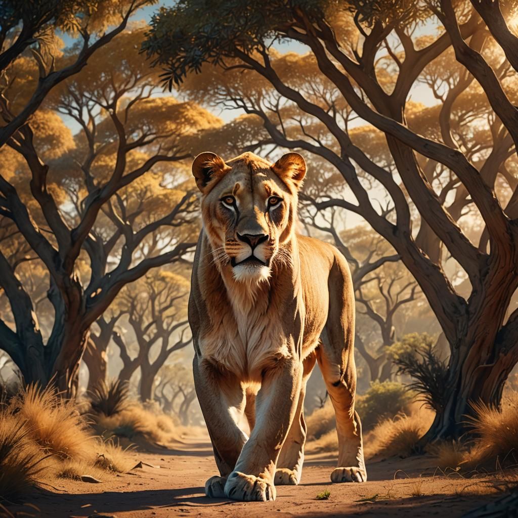 Lioness in Sun-Drenched Savannah: Art Nouveau Style