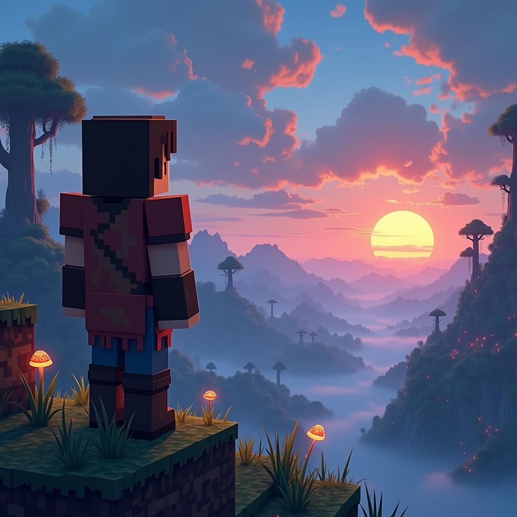 Minecraft Steve in Mystical Realm Sunset