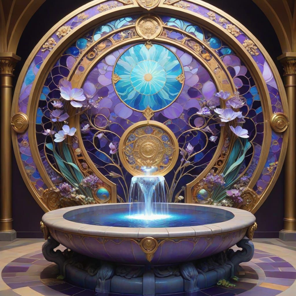 Purple fountain with stunning clear blue water flowing