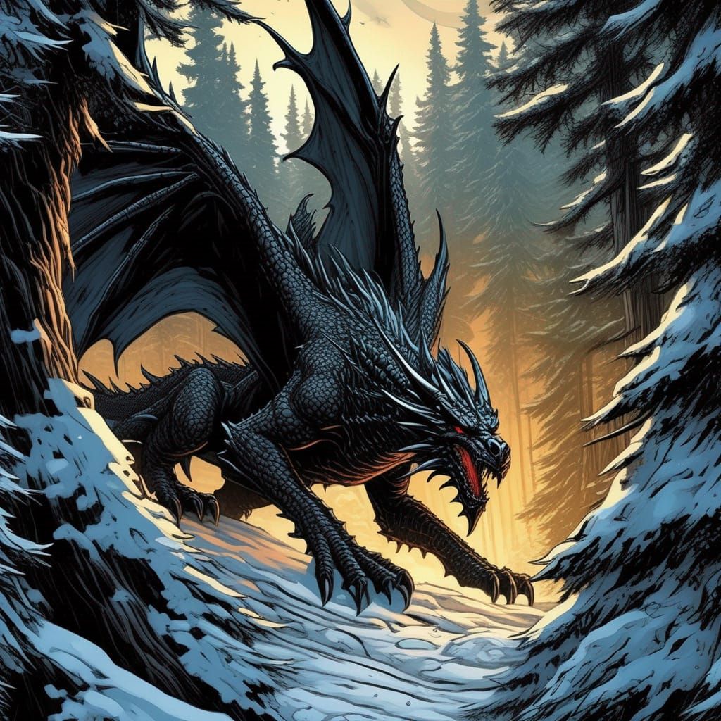 Gothic Dragon Ancalagon Soaring Over Dark Forest