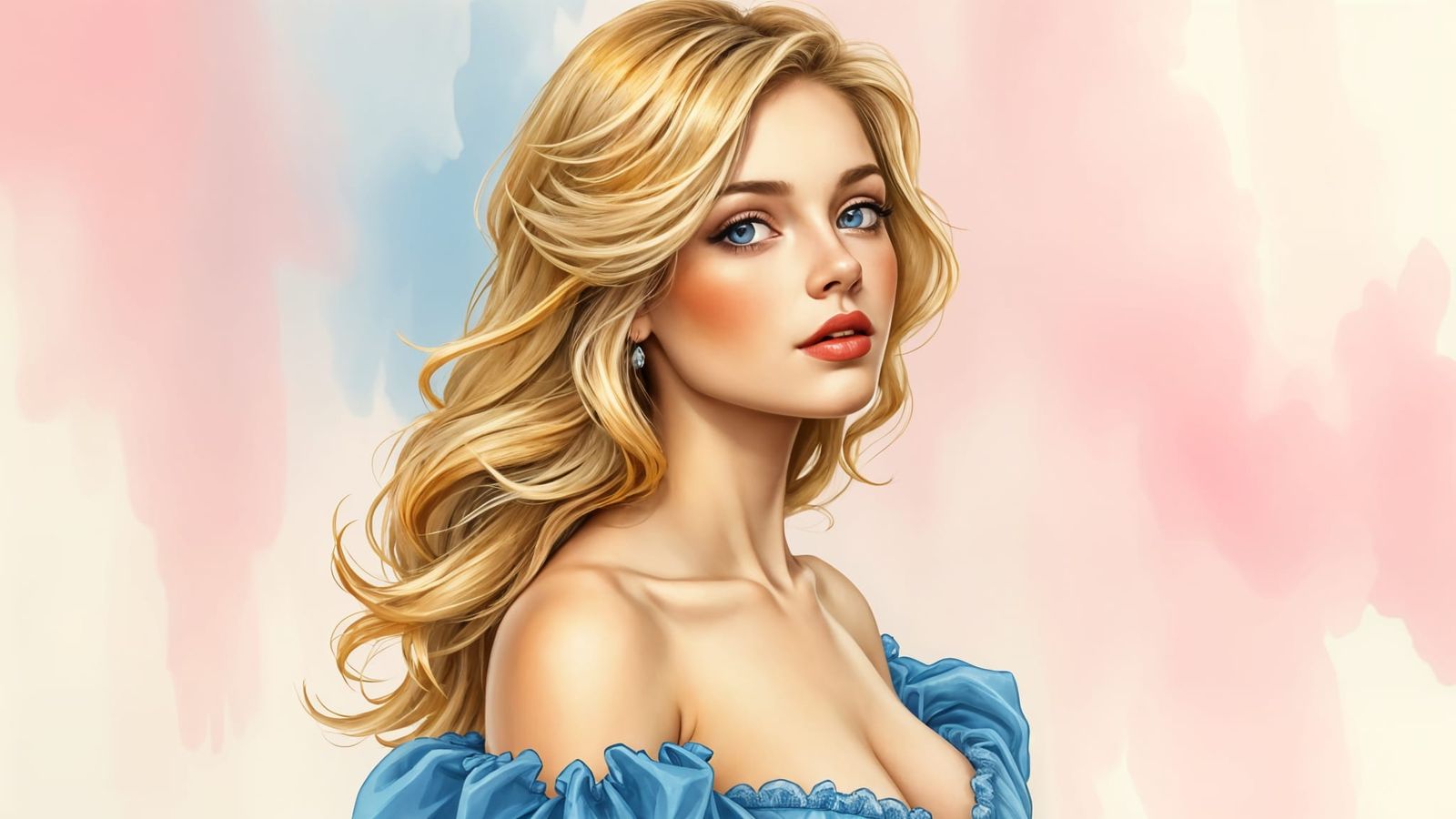 Beautiful Woman in Blue Gown: Antique Watercolor