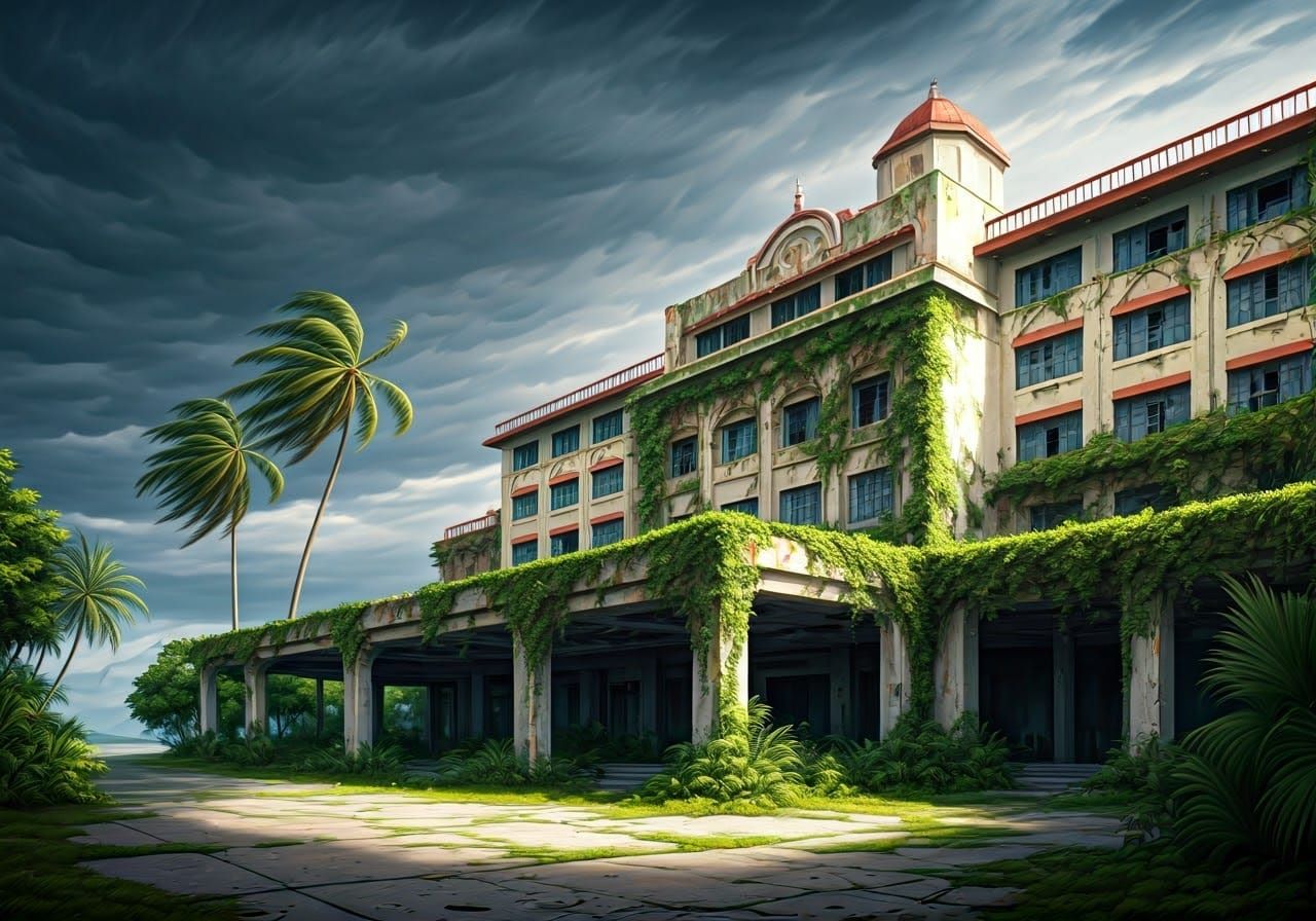 Eerie Abandoned Hotel in Thailand Oil Painting