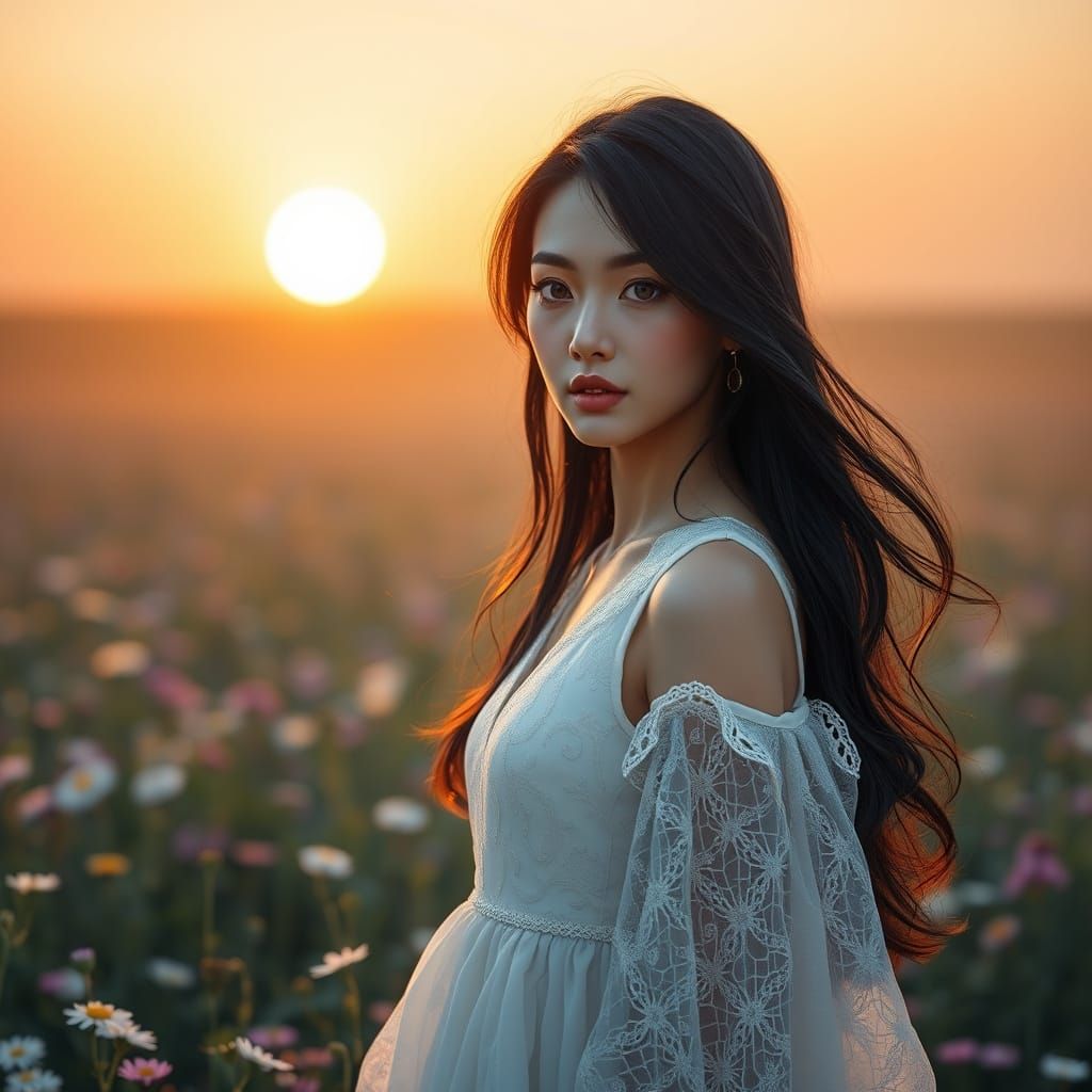 Japanese Woman in Wildflower Field at Dawn