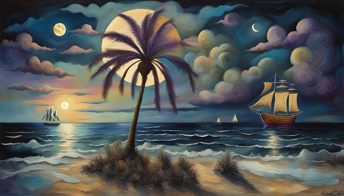 Whimsical Palm Tree at Night: Art Brut Style