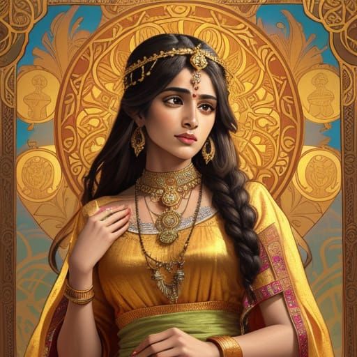 Elegant Hindu Priestess in Art Nouveau Style