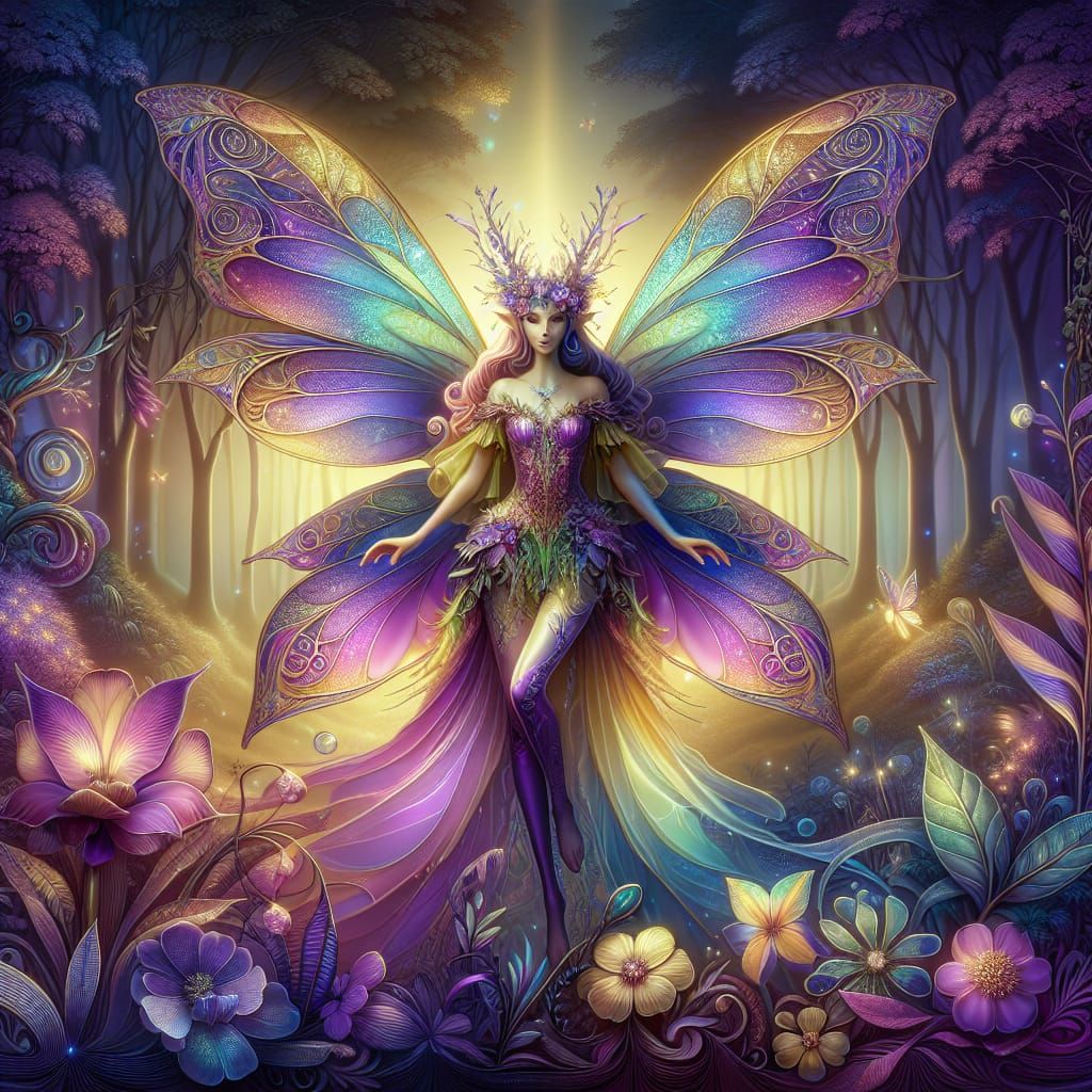 a beautifully designed photo of a fairy in purple and yellow, beautiful background