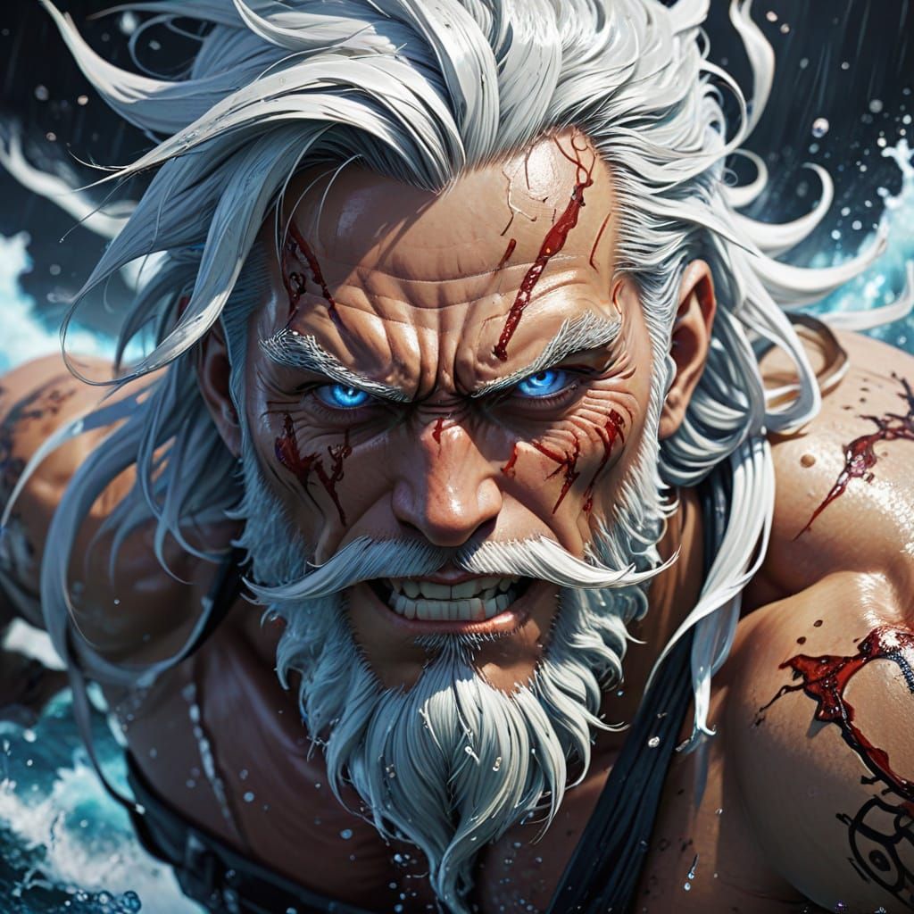 Whitebeard's Fierce Gaze: Anime Portrait in Stormy Seas