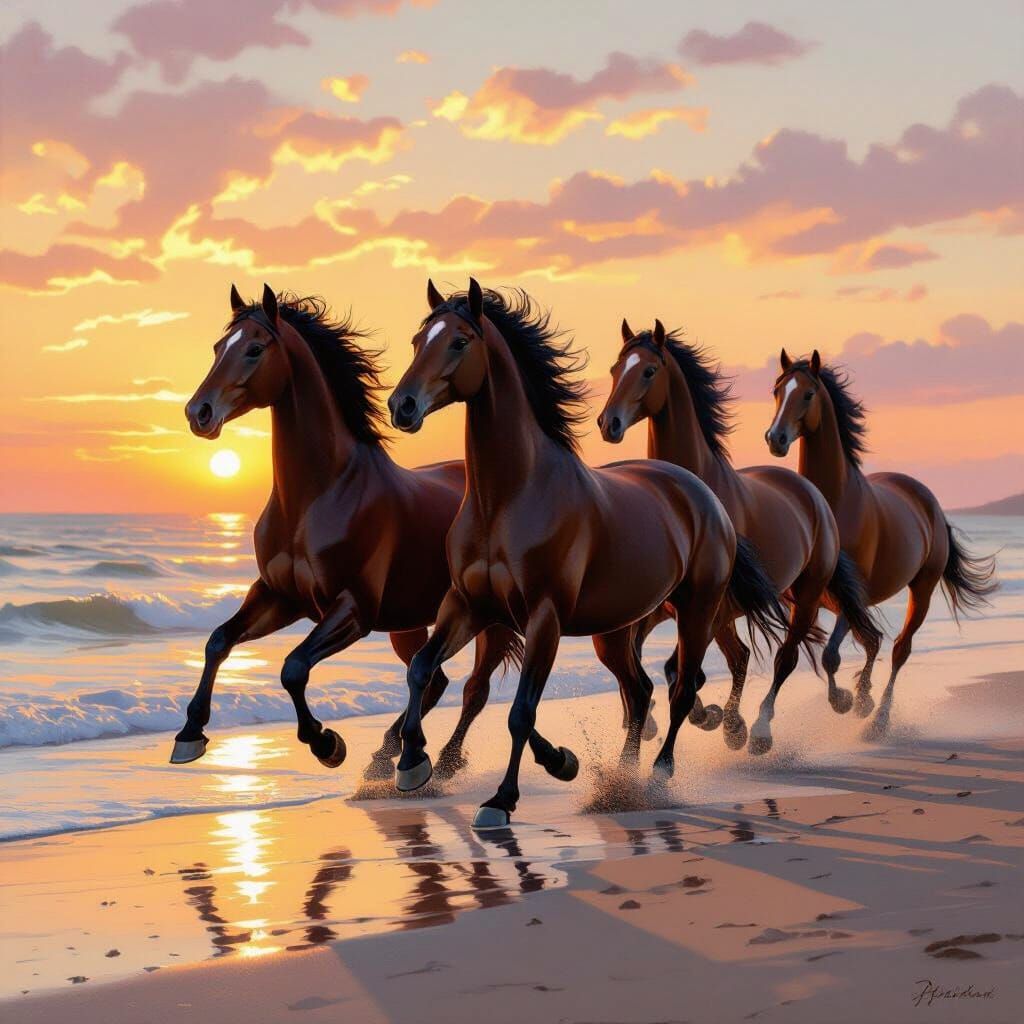 Arabian Horses Gallop on Beach at Sunset Oil Painting