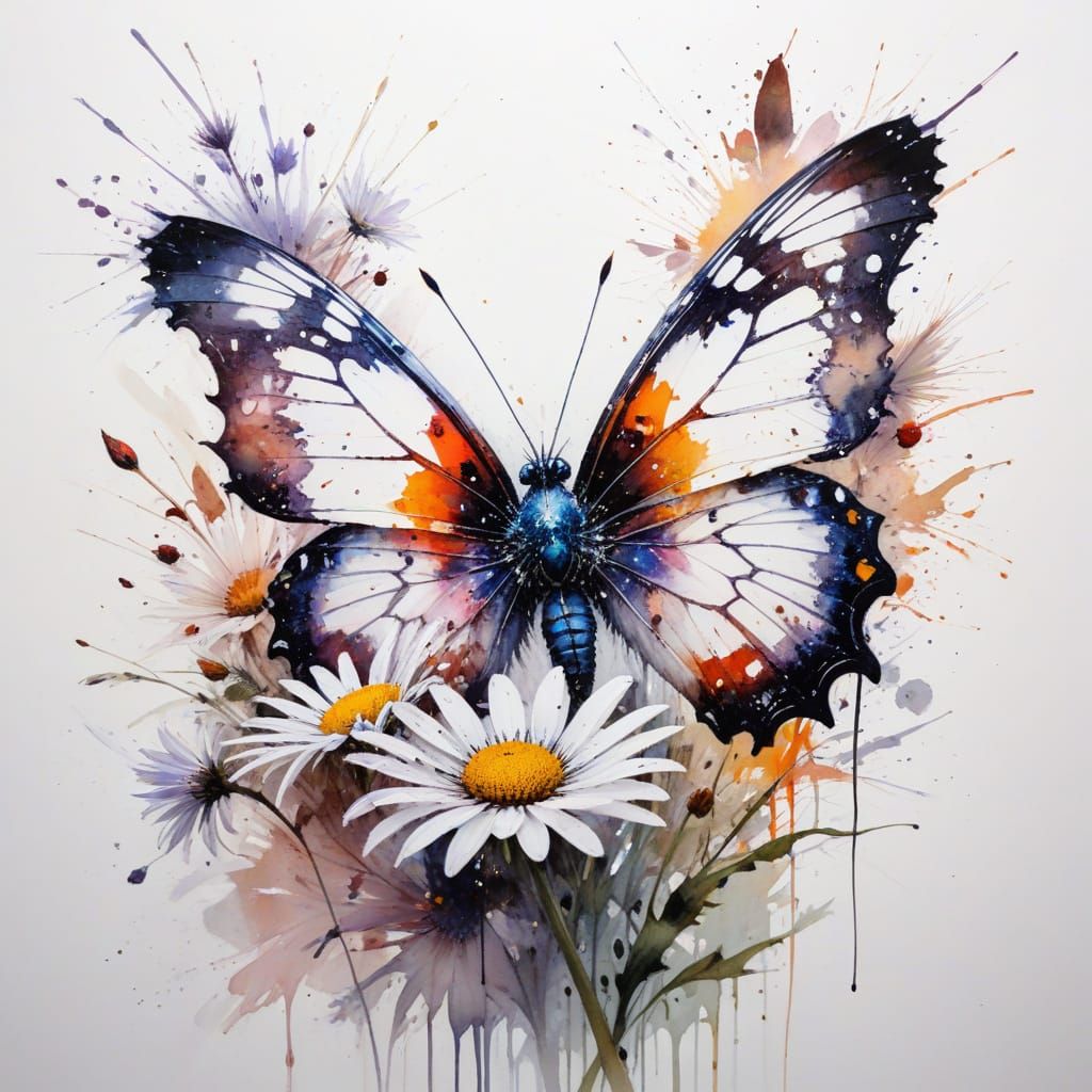 Butterfly on Watercolour Daisies Splashy Ink Style