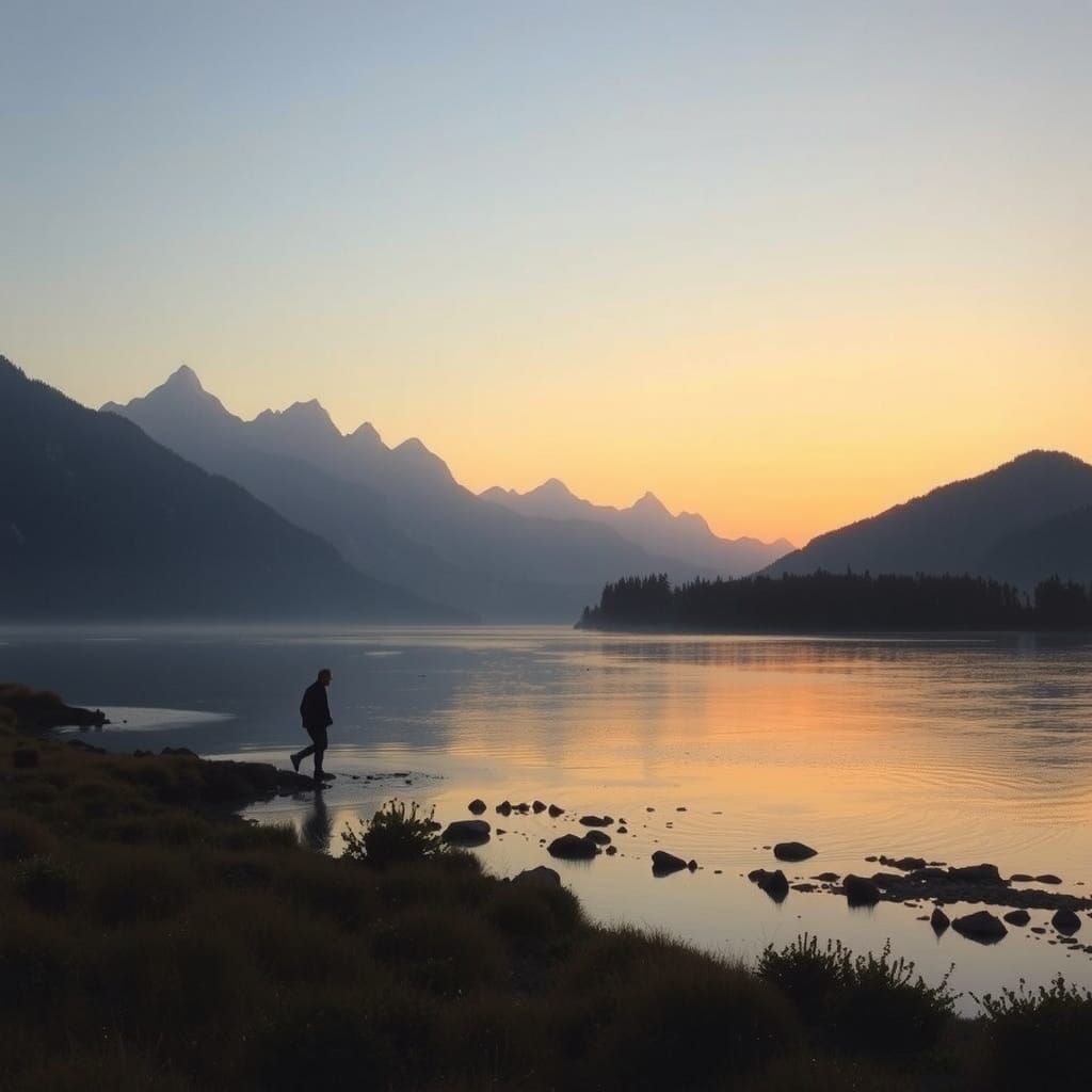 Tranquil Sunset Lake Landscape in Romantic Style