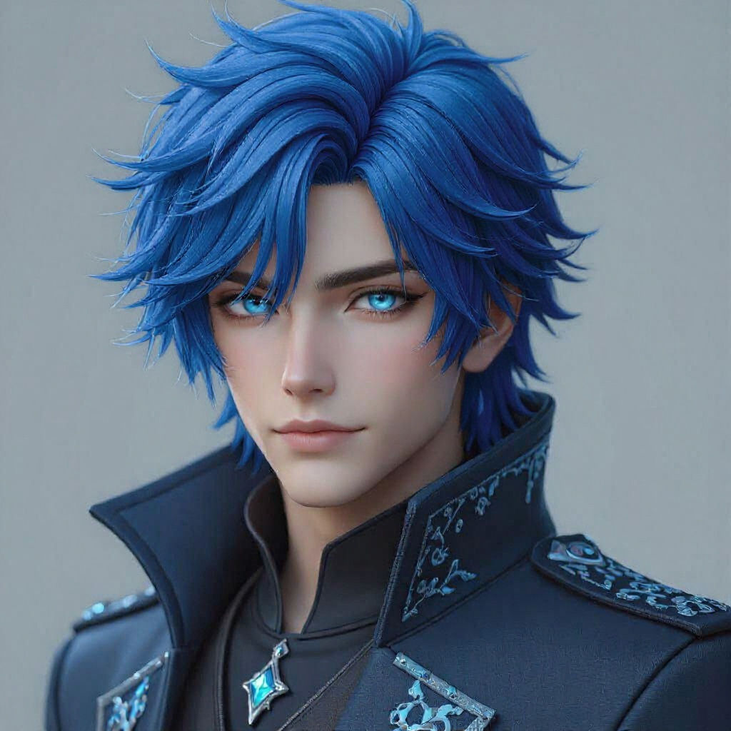 Handsome Man with Blue Hair in Anime Style