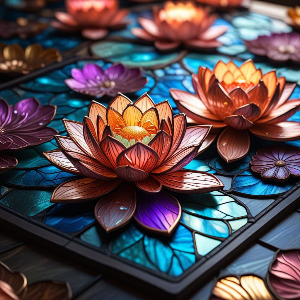Vibrant Stained Glass Lotus Blooms in Close-Up