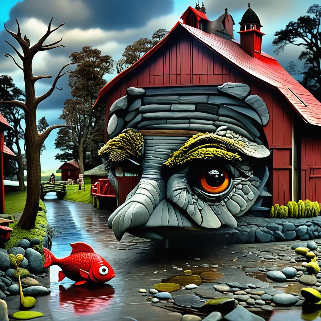 Red Barn in Claymation Style with Giant Eyes