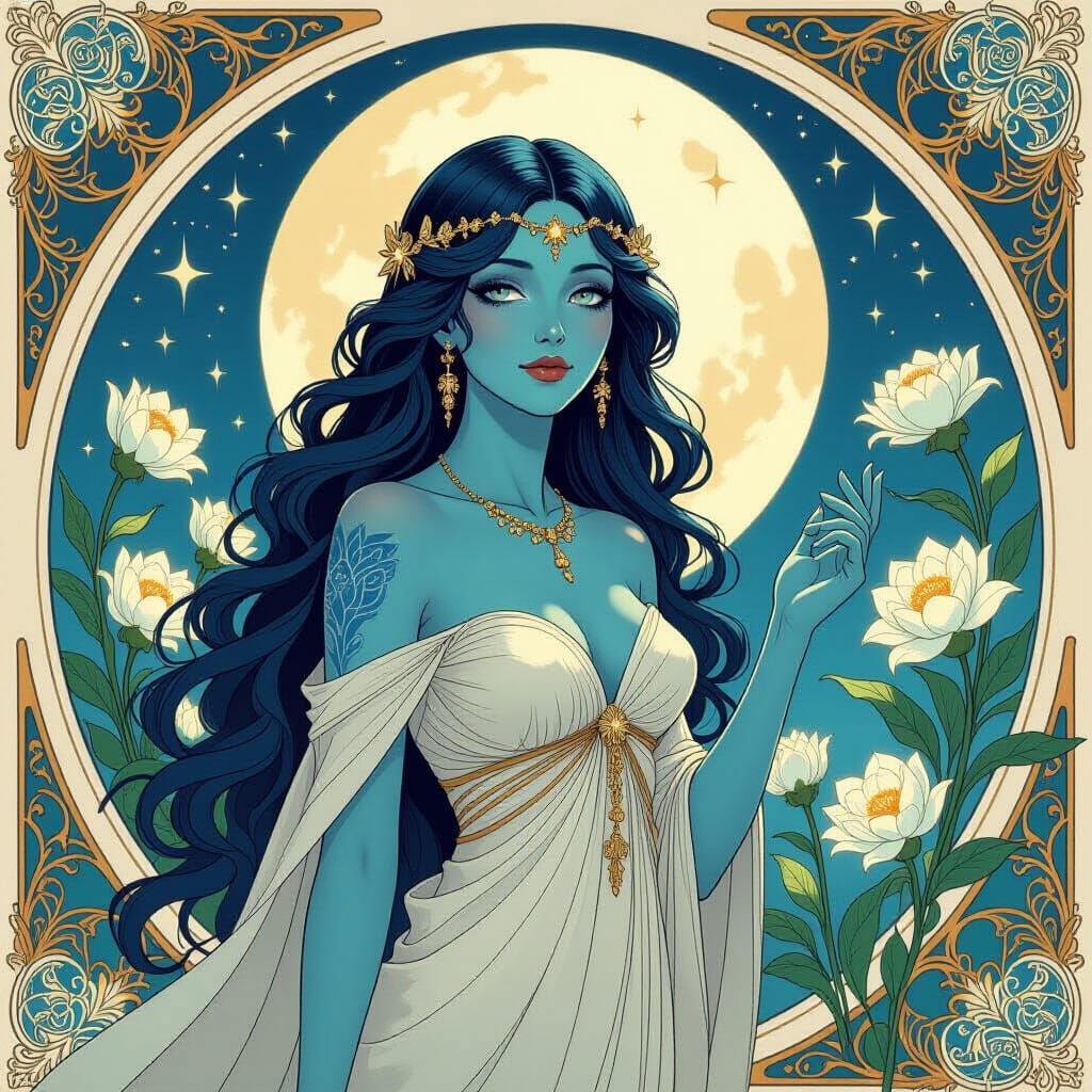 Sapphire Goddess in Moonlit Garden: Art Nouveau Style