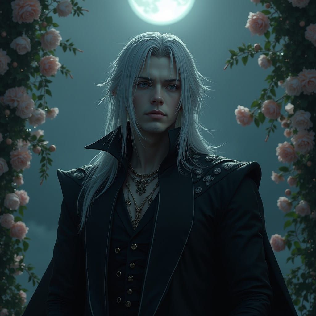 Elegant Warrior Stands on Moonlit Balcony