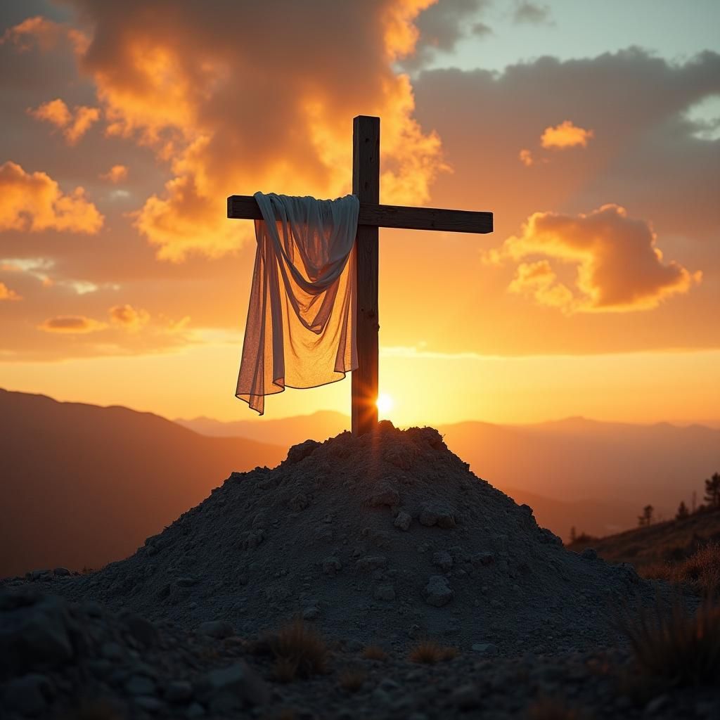 Cross Rising from Ashes at Sunrise