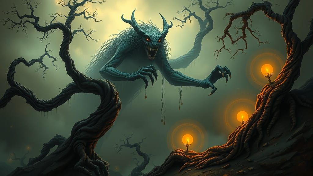 Surreal Being in Dreamlike Landscape of Twisted Trees and Et...