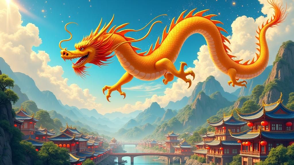 Golden Dragon Soaring Above Chinese Village