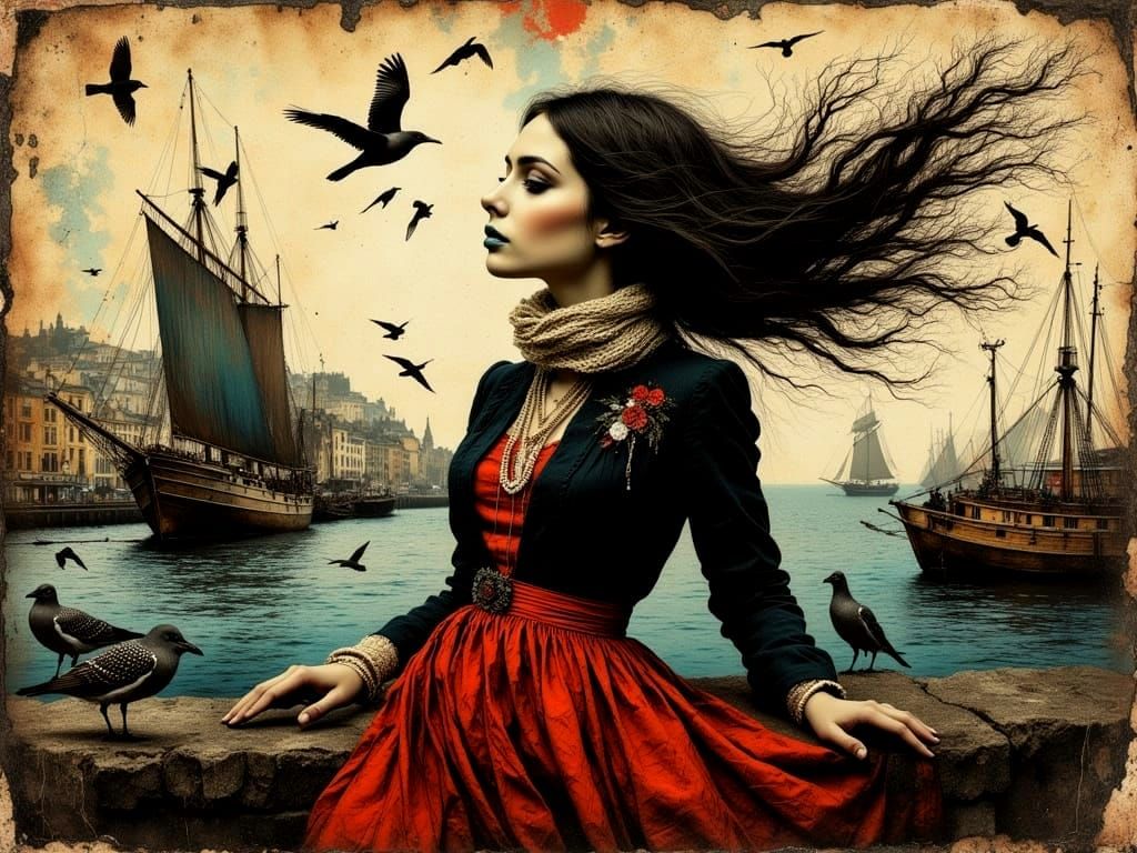 Surreal Film Noir Women in a Bustling Harbour Scene