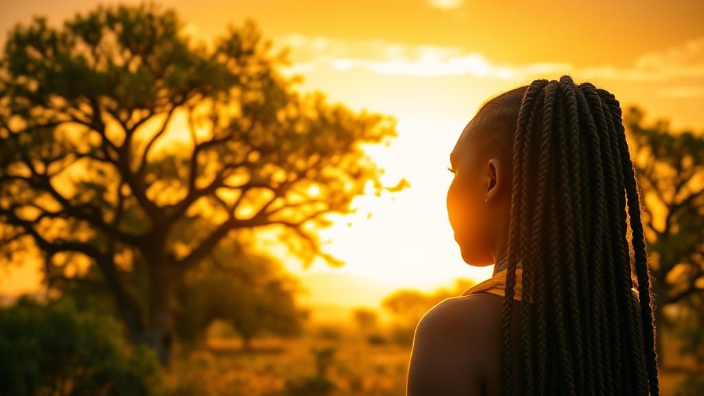 Sunlit Savannah Scene with Decorated Braids, Golden Hour Glo...