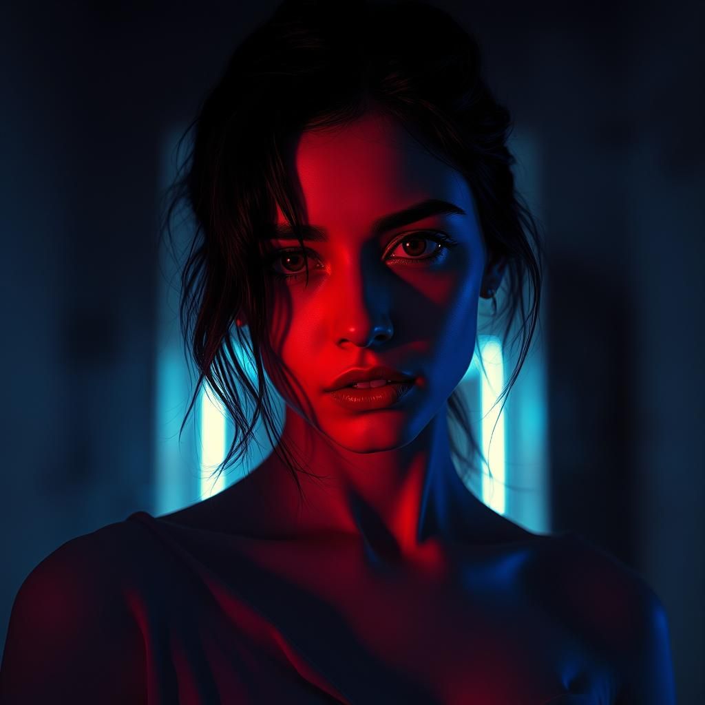 Eerie Portrait of Woman with Secrets in Neon Noir Style