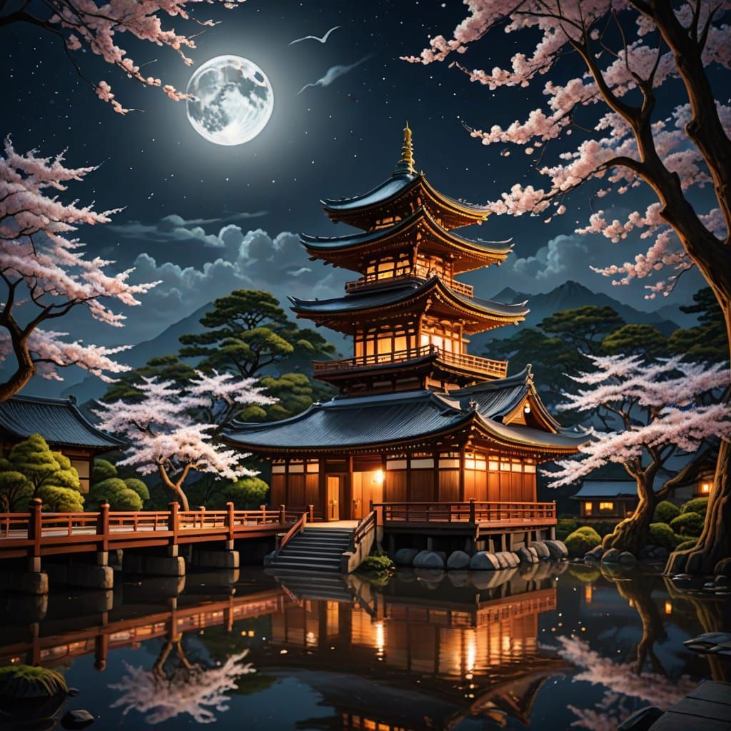 Serene Japanese Temple Illuminated by Full Moon and Stars