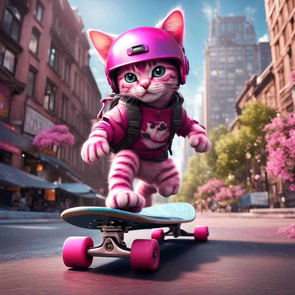 Pink Kitten on Skateboard: Detailed Digital Painting