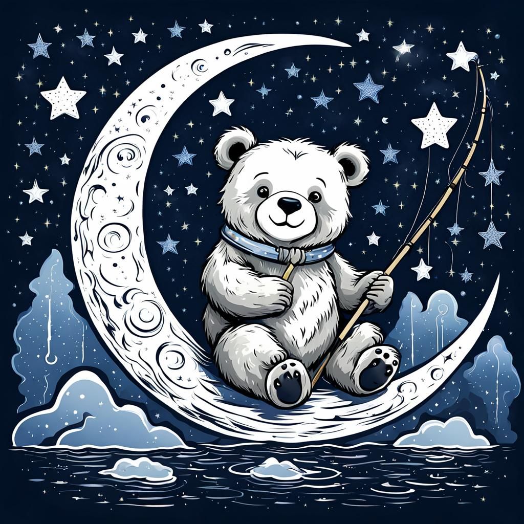 Cute Bear Fishing for Stars on Moon