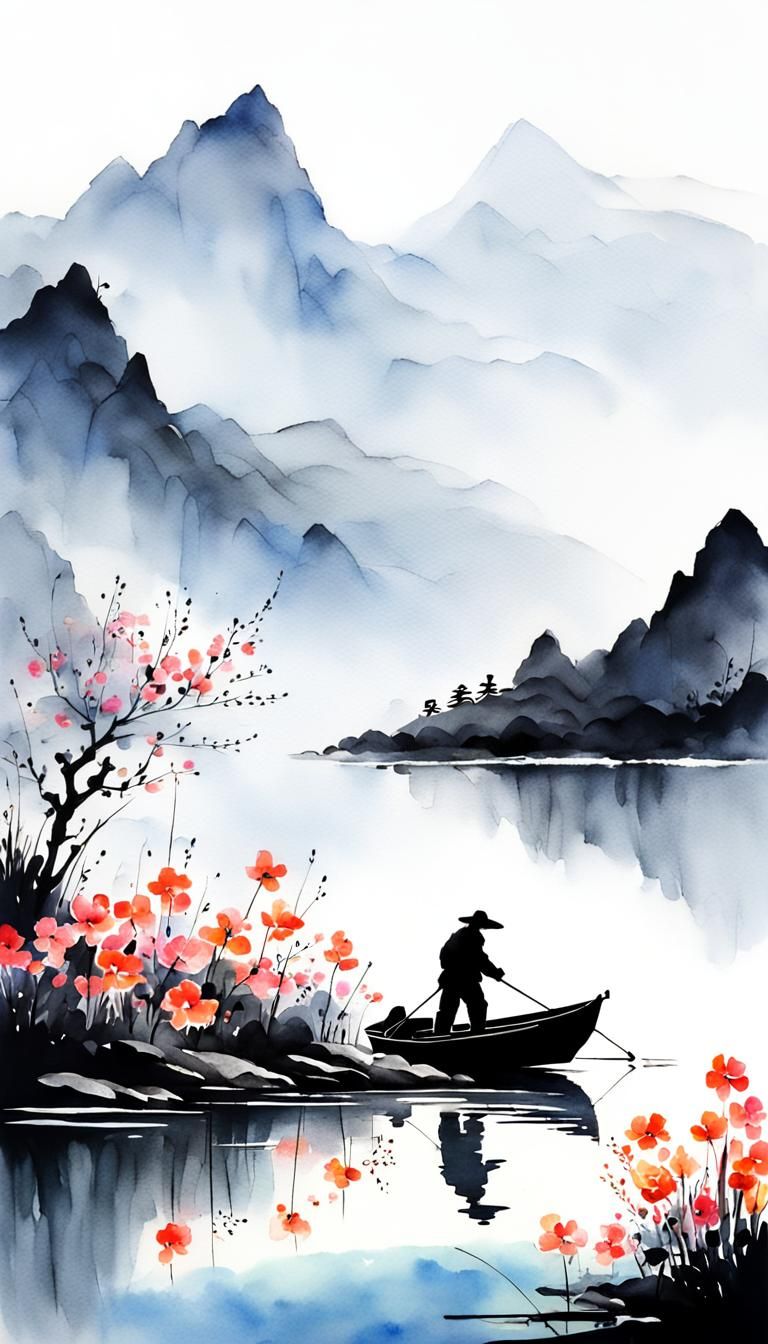 Minimalist Ink Painting of Fisherman at Sunrise