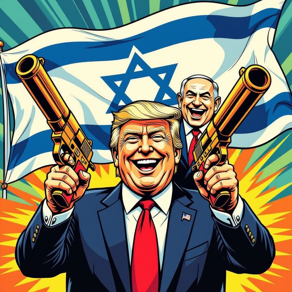 Cartoon Trump with Toy Gun and Israeli Flag