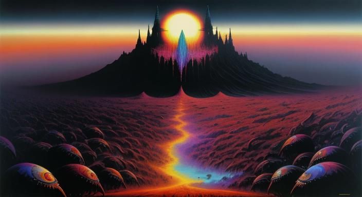 Surreal Dystopian Landscape in Mixed Artistic Styles