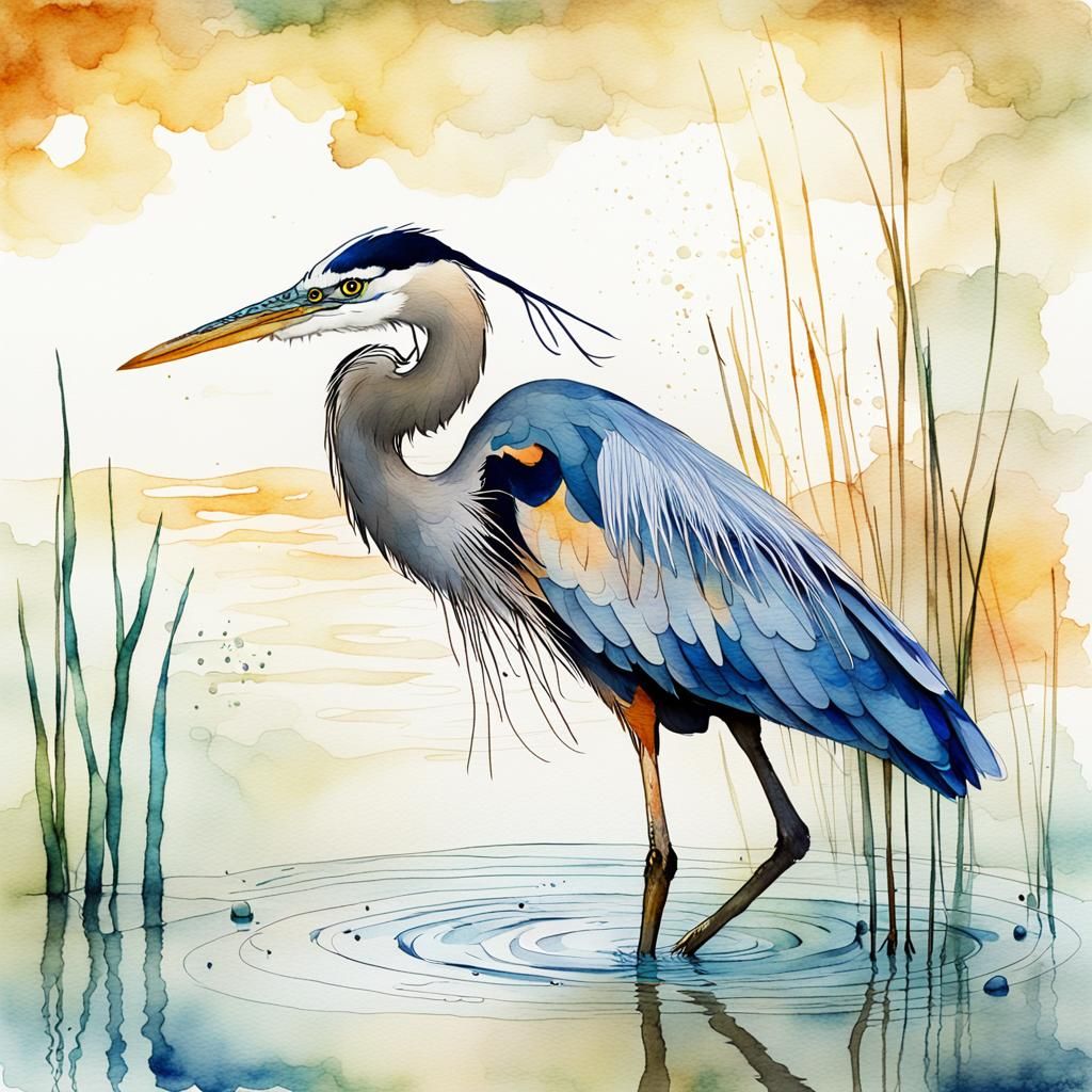 Surreal Great Blue Heron Illustration in Iridescent Watercol...
