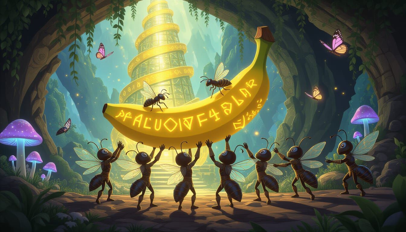 Fantasy Ants Lift Rune Banana to Crystal Hive in Surreal Sty...