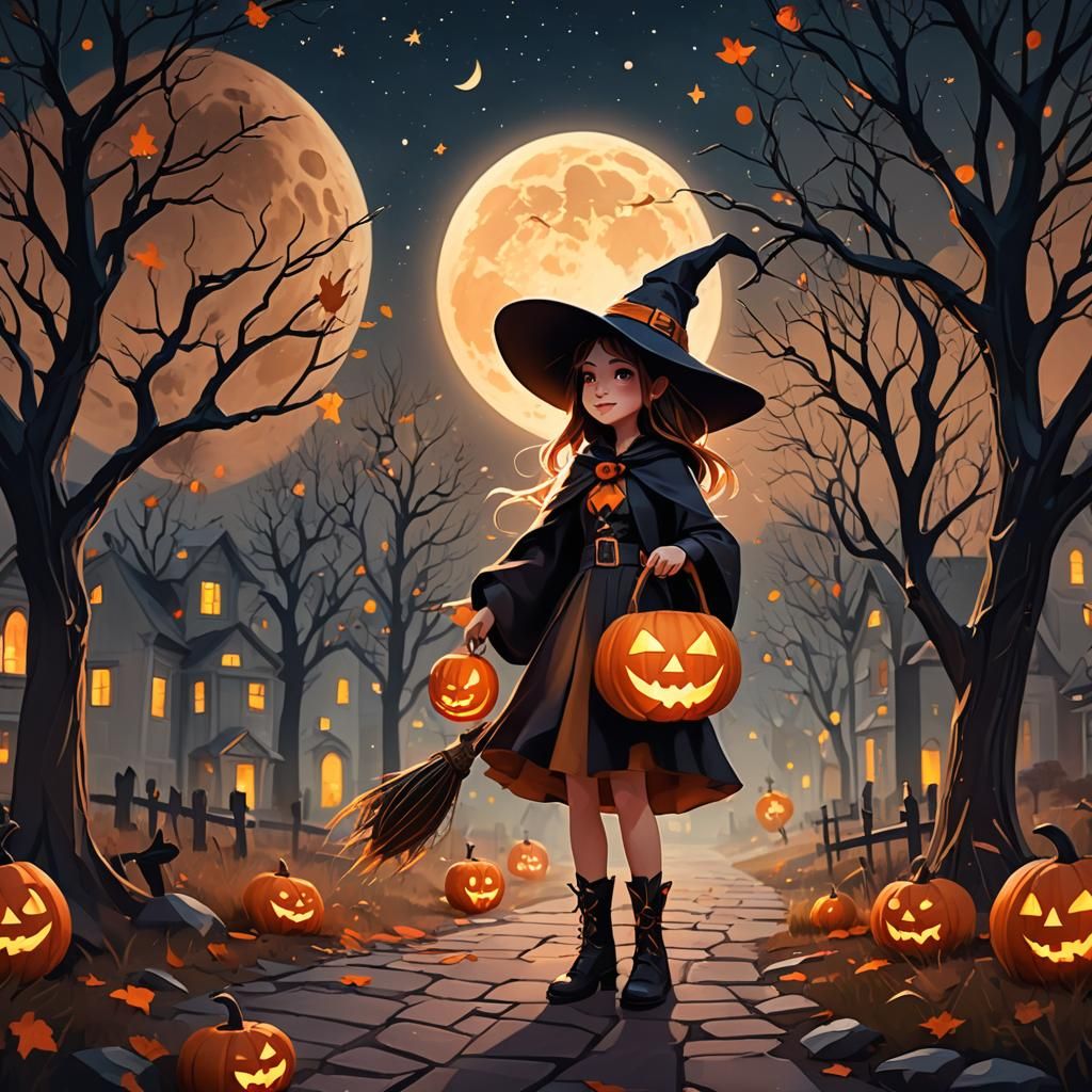 Young Witch on Halloween Night: Digital Illustration