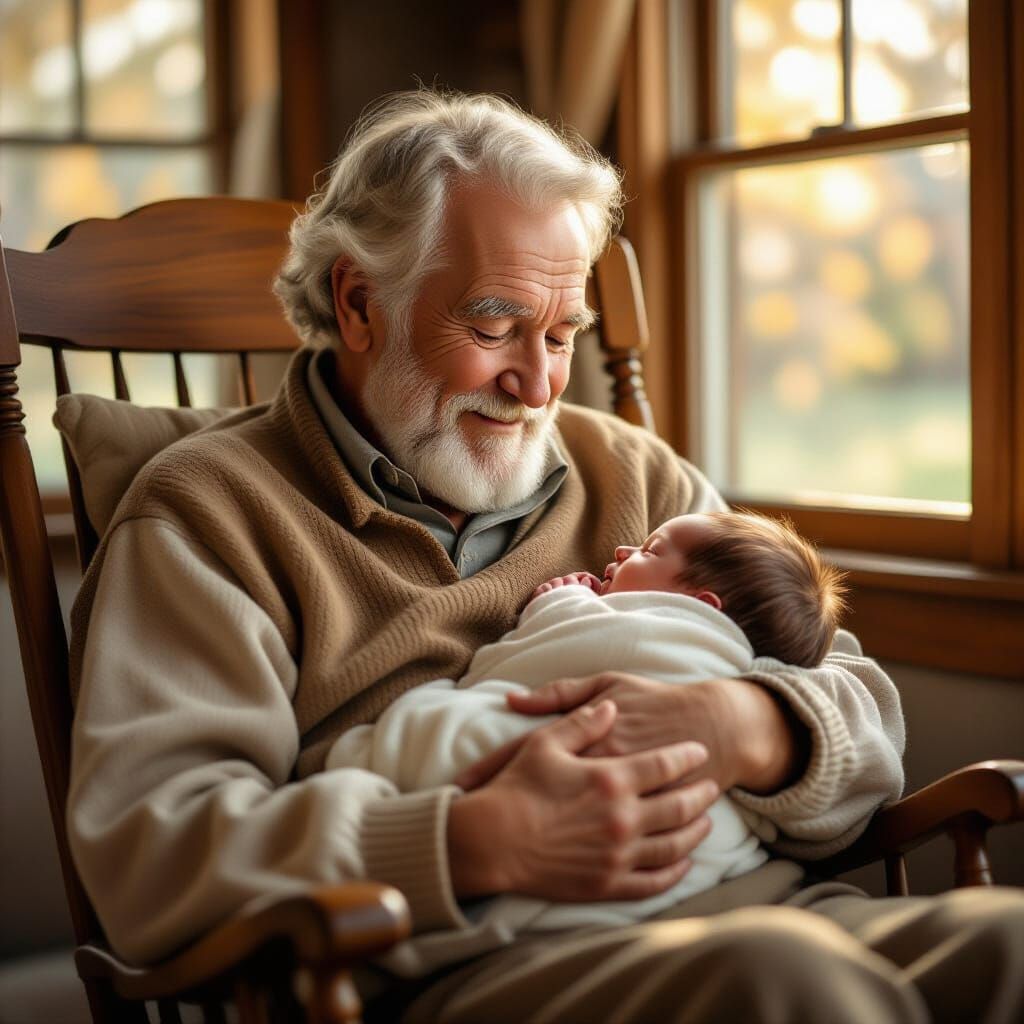 Elderly Man Holding Newborn in Gentle Light