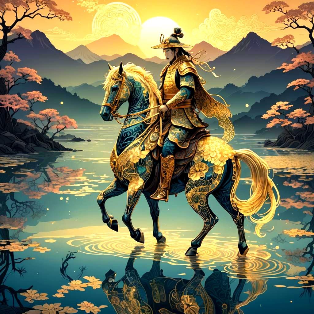 Golden Samurai on Horseback: Bioluminescent Lake