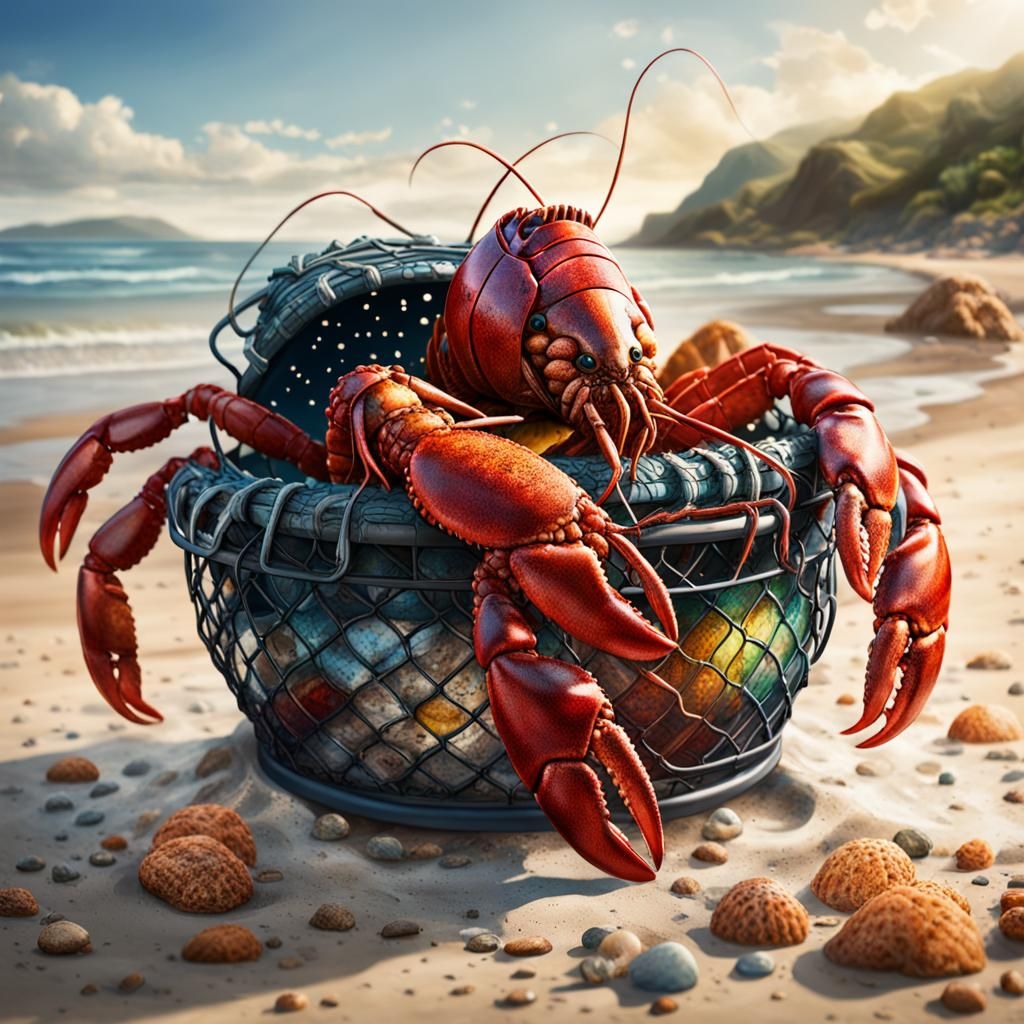 Hyperrealistic Lobster Pot on Beach