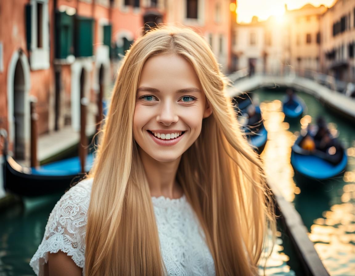 Smiling Blonde Woman Portrait in Venice: Photography