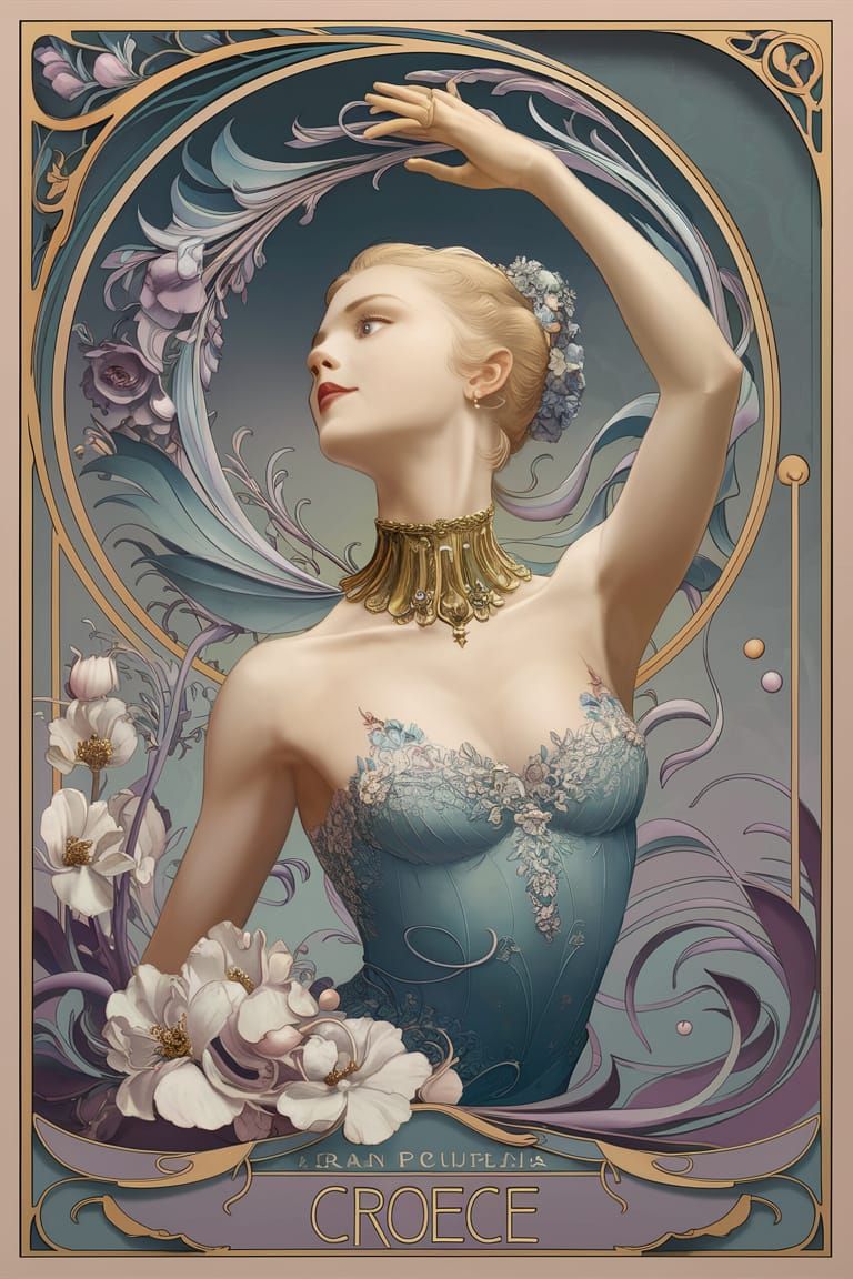 Art Nouveau Ballet Dancer Poster with Floral Accents